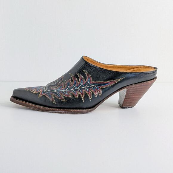 Charlie 1 Horse Shoes - Charlie 1 Horse Shoes Womens 8.5 Black Mules Heels Leather Cowboy Slip On Pointy